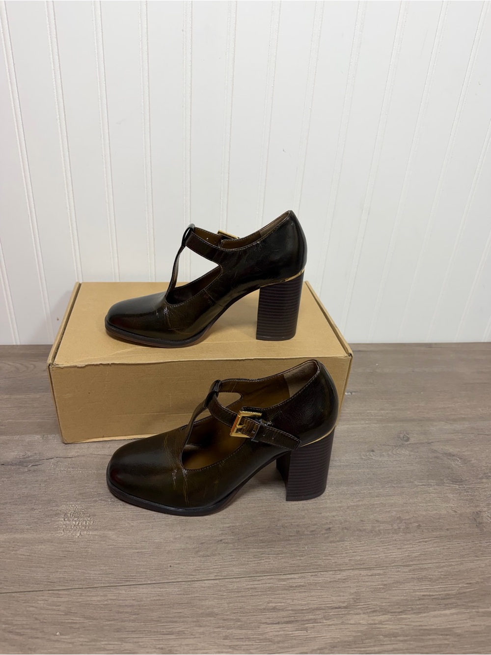 Used Vince Camuto Micha T-strap pumps in rich mahogany leather size 8